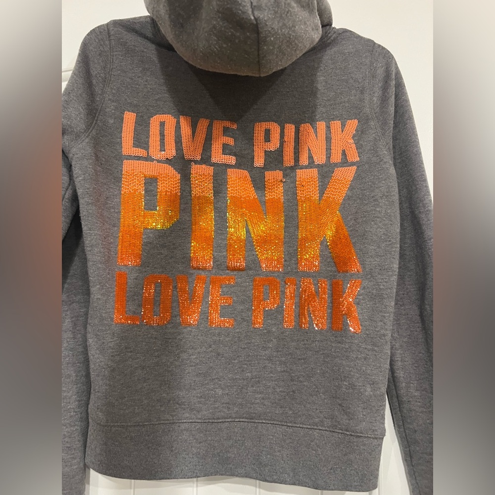 Victoria's Secret Gray Hoodie with Orange Sequin 'PINK' Logo